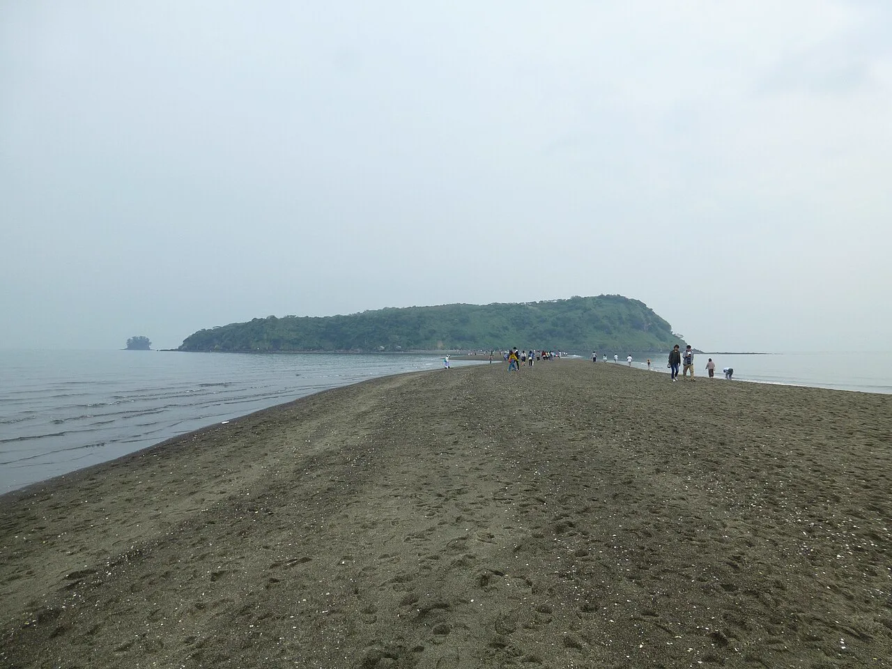Chiringashima and the exposed sandbar at low tide; crossing depends on the day’s tide and safe sea conditions