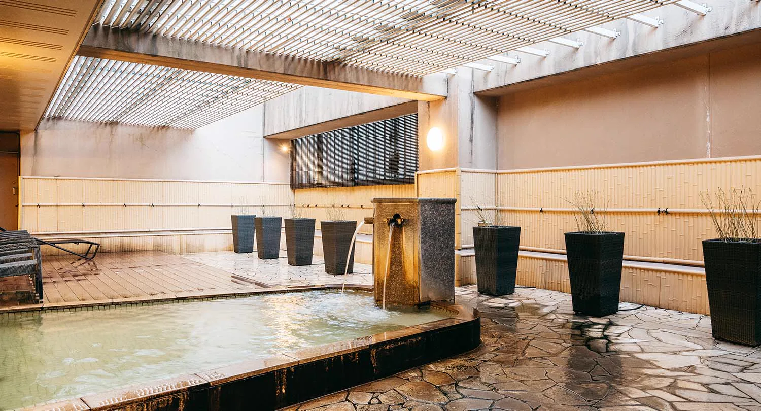 Open-air hot spring bath at Kamenoi Hotel Beppu