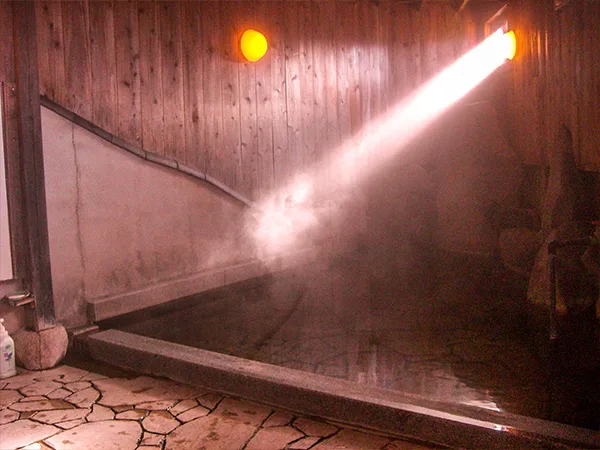 Separate indoor hot-spring baths at the hostel